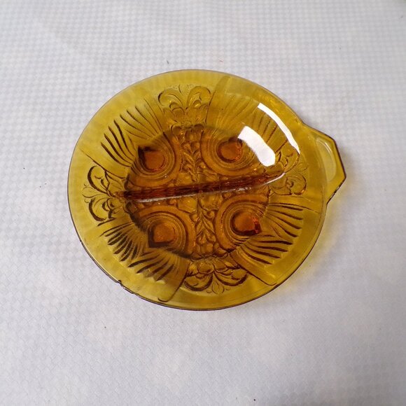 Unique Vintage Amber Glass Candy Trinket Relish Dish Vintage Embossed Design - Picture 3 of 3